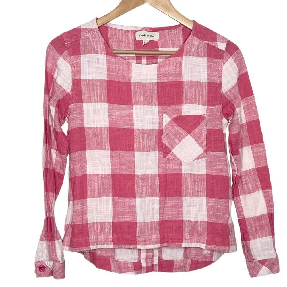 Cloth & Stone Check Plaid Long Sleeve Linen Shirt Pink Womens XS Woven Preppy